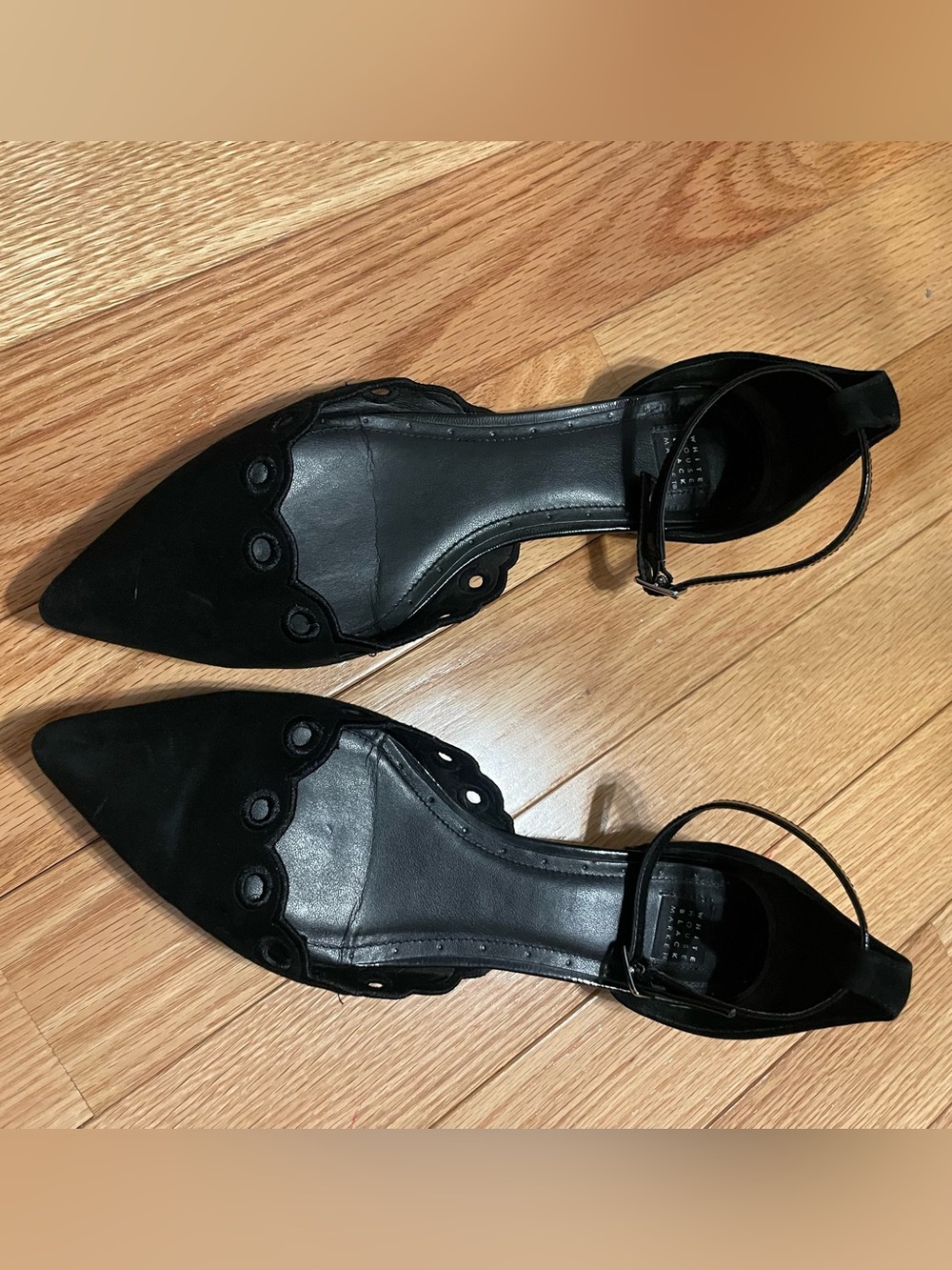White House Black Market Amara Scalloped Flats Black Suede Size 10